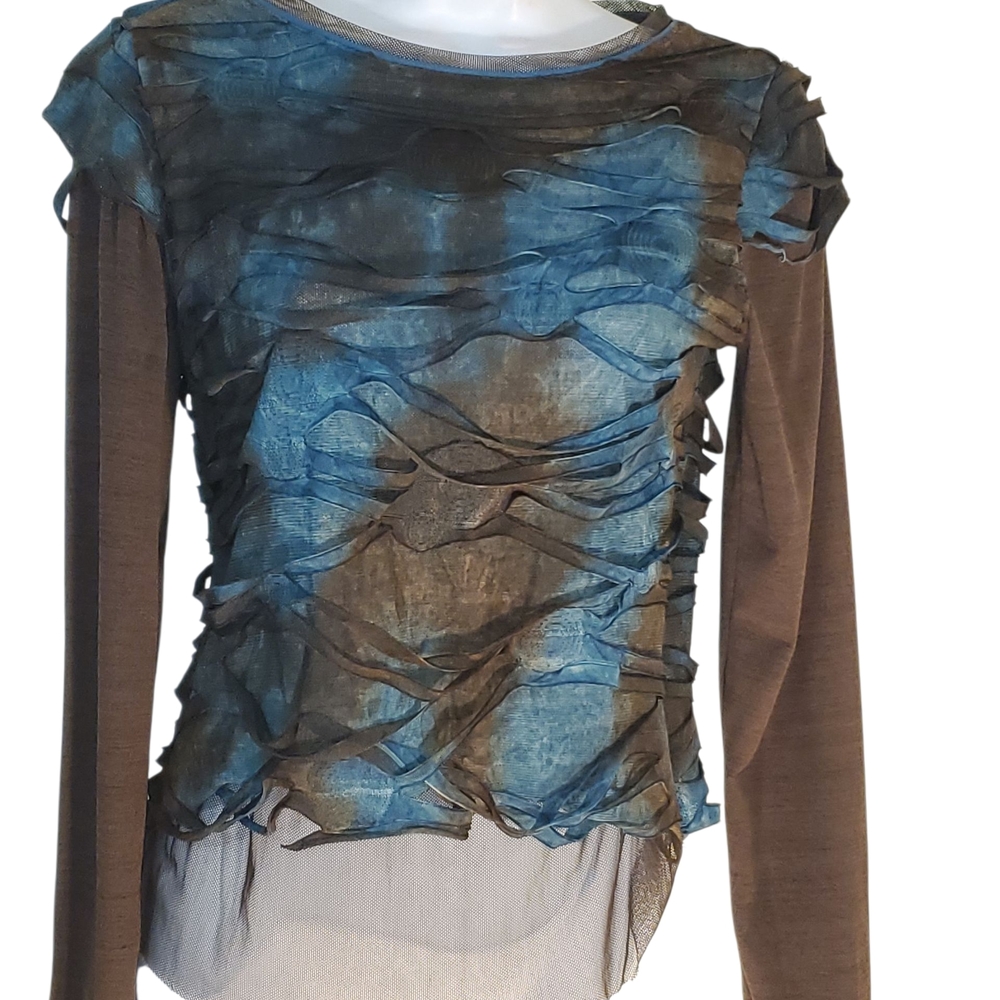 Anac Ruffled Mesh Top in Blue and Brown